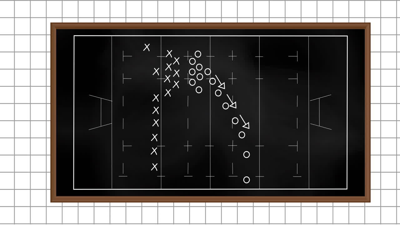 Animation of rugby sports field with tactics and strategy drawings on squared paper background