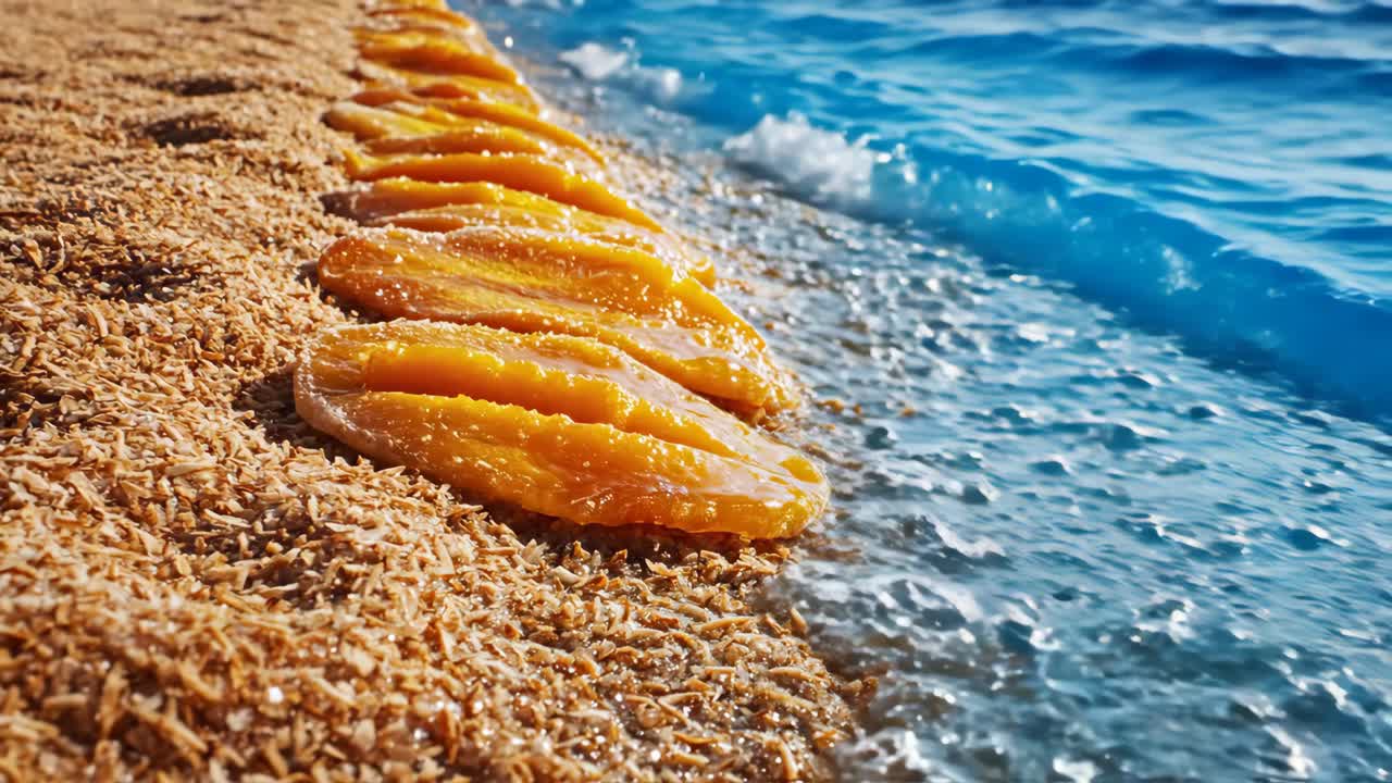Mango slices on a beach
