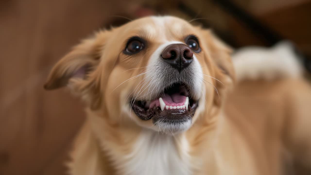 Panting tan-and-white dog turning head right toward off-camera sound at home with brown couch