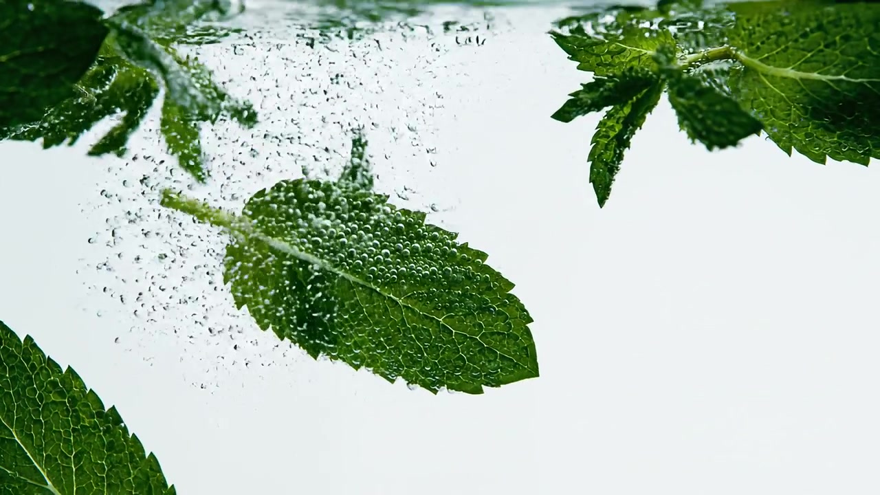Fresche foglie di menta verde immerse in acqua frizzante macro