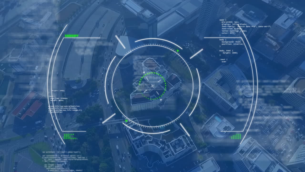 Animation of scope and data processing over cityscape