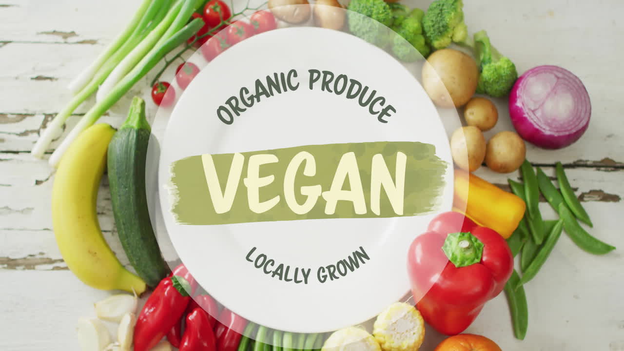 Organic produce vegan locally grown animation over assorted fresh vegetables