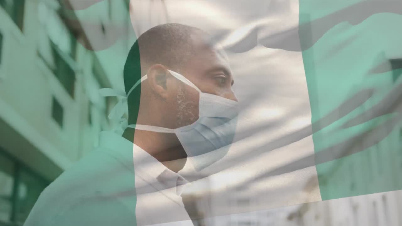 코로나 19 대유행 기간 동안 얼굴 마스크를 착용한 남자가 이탈리아 국기를 흔들고 있는 애니메이션