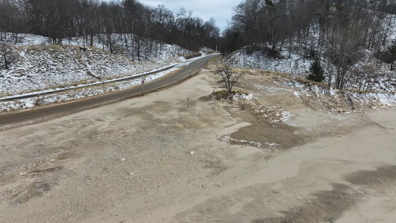 겨울 해변의 황폐한 나무에서 멀어지는 것