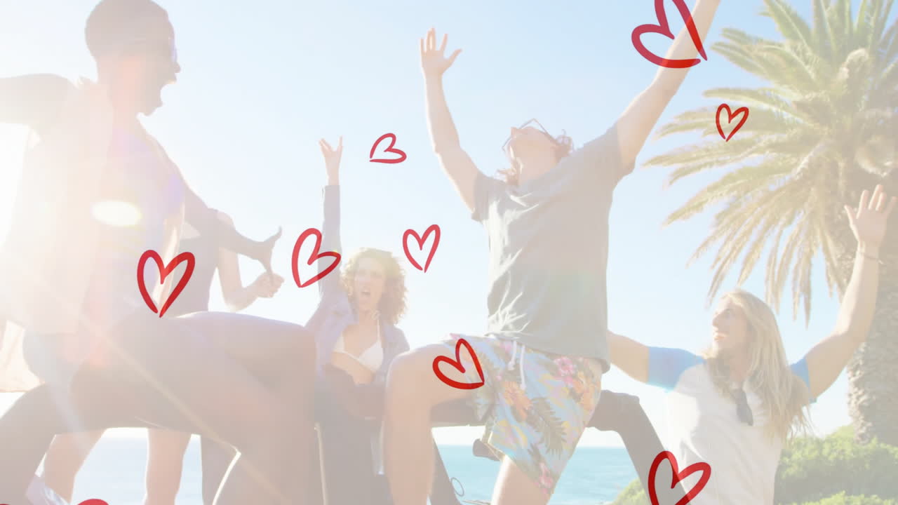 Friends creating travel marketing content on seaside deck, overlaying red hand drawn heart icons