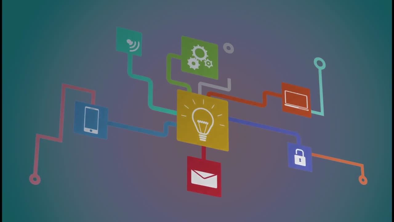 Animation of flowchart of multiple icons against abstract background