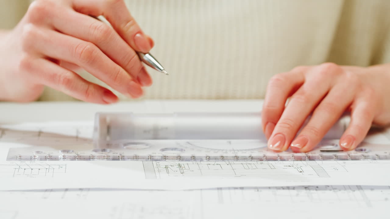 Close-up of a person drawing architectural plans with a pen and ruler