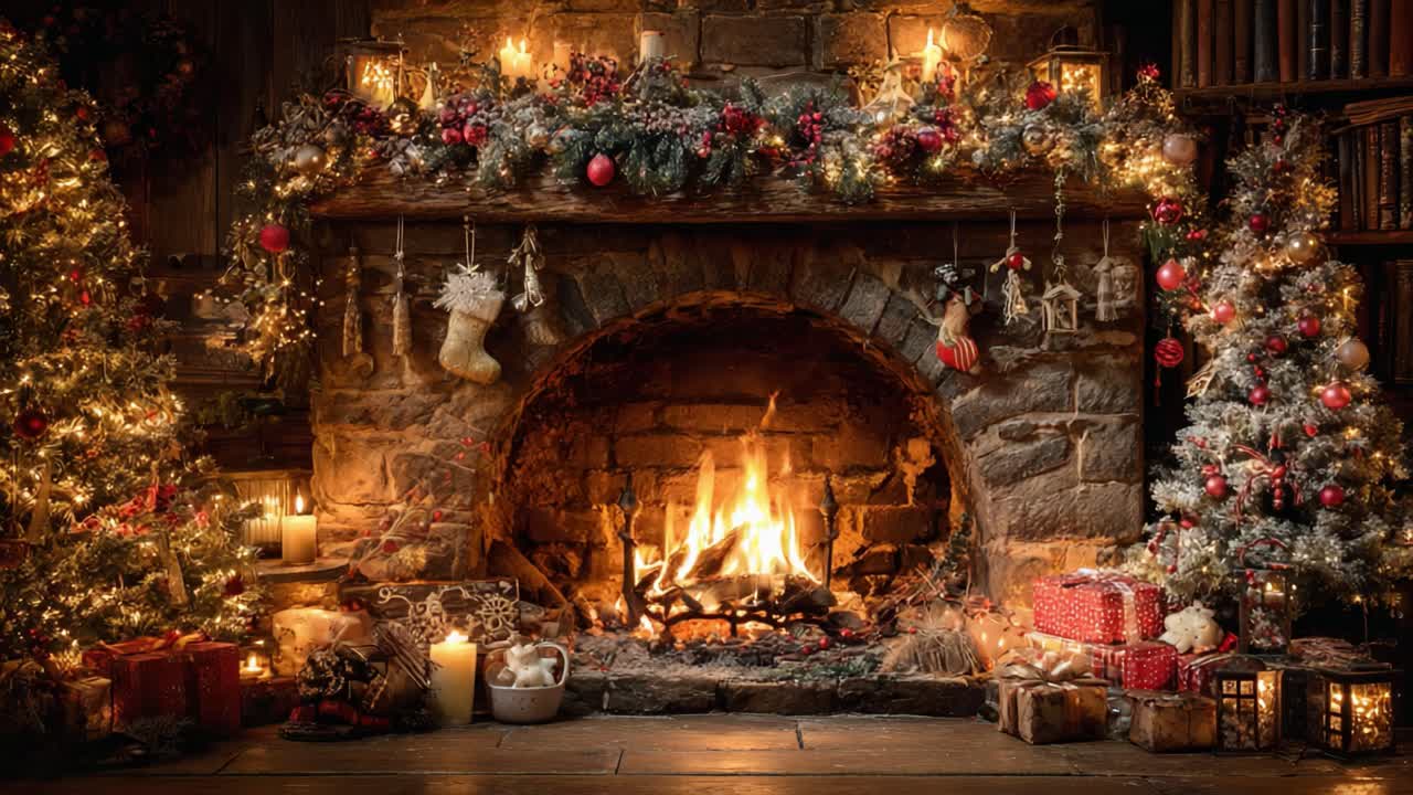 Şenlikli süslemeler, parıldayan ışıklar ve güzel bir hediye ve Noel ağacı düzenlemesiyle bezenmiş sıcak bir şömineyi resmeden sıcak bir Noel sahnesi