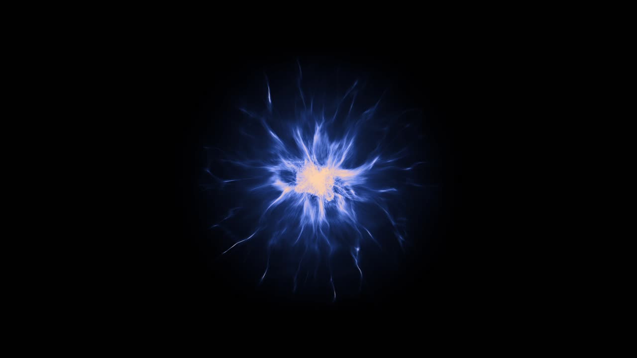Glowing blue energy ball with electric tendrils pulsates on a black background. Abstract animation ideal for sci-fi futuristic or magical themes