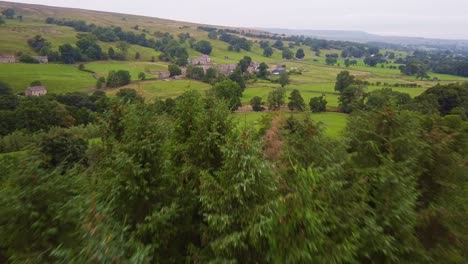 aerial shot reveal yorkshire moors valley over trees in summer