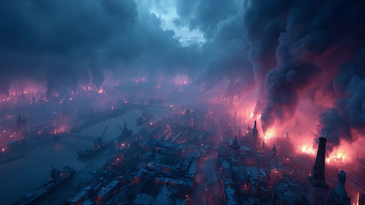 Aerial View of a Devastating Urban Inferno: Billowing Smoke and Fiery Flames Engulfing Industrial Landscape, Creating a Stark Contrast Against Darkened Sky