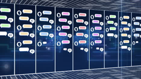 Animation of robots and message boxes in rectangles with grid pattern against rectangles