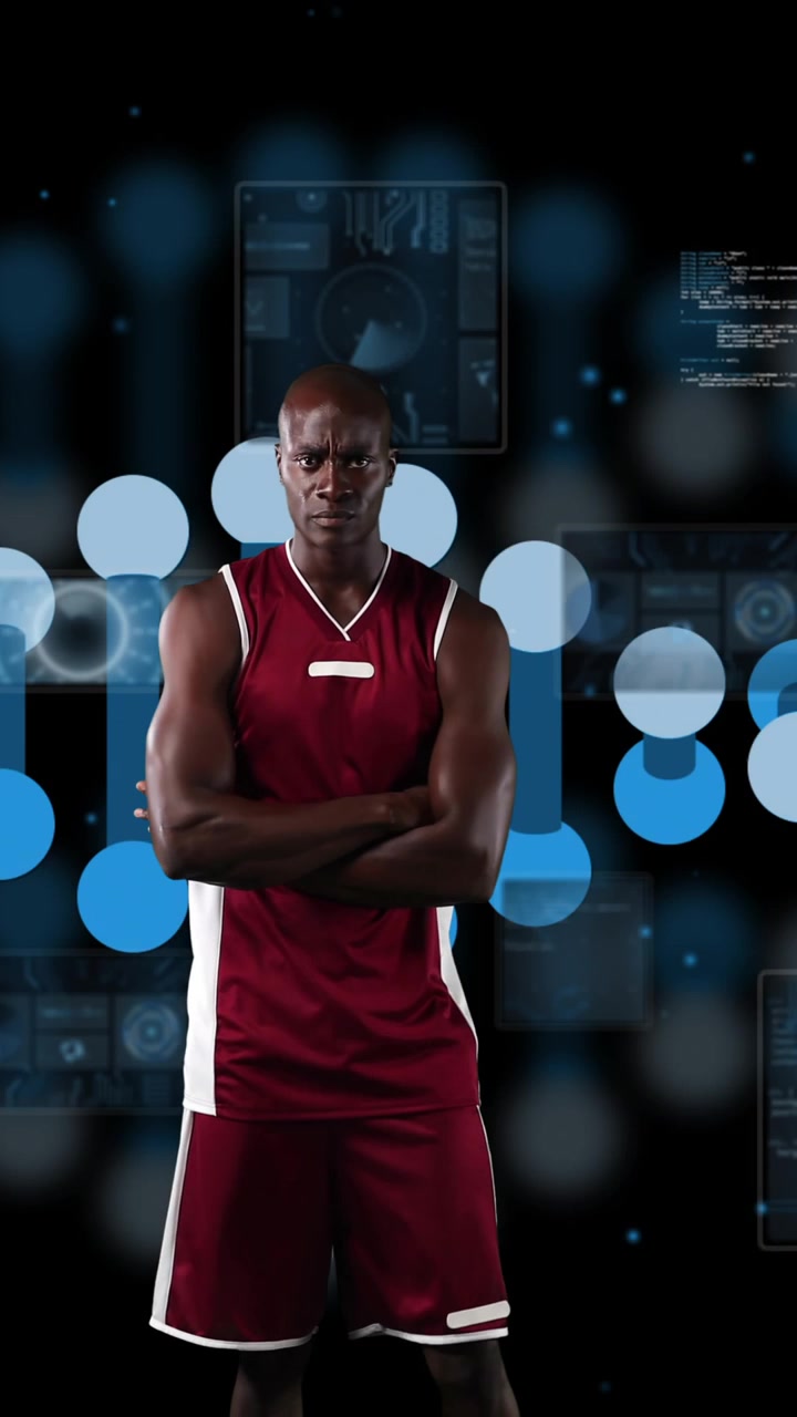 Filamento di DNA e animazione di dati scientifici su giocatore di basket in uniforme rossa