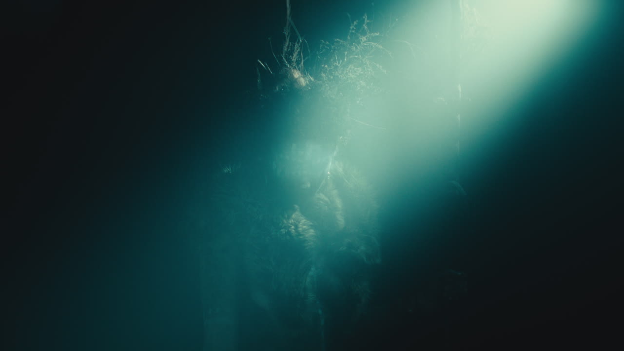 A creepy witch stands in the moody pose during the night storm