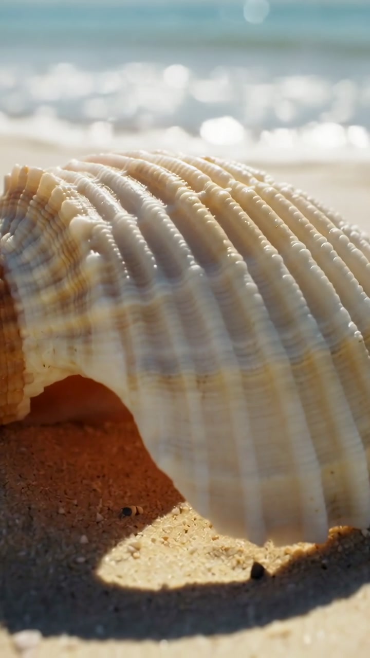 Close-up of a Seashell on Sandy Beach with Ocean Waves