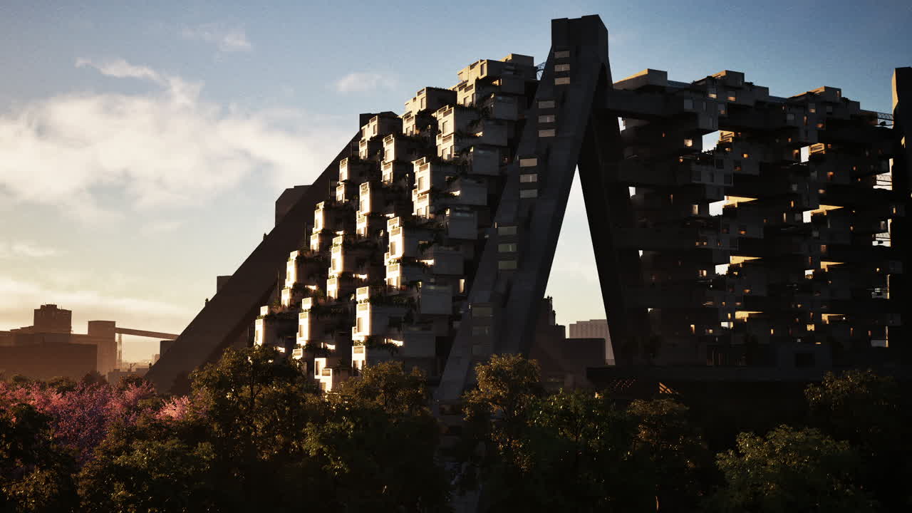 Modern architectural structure framed by trees at dawn in an urban setting