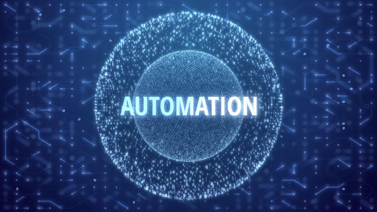 Concepto de automatización sobre una esfera de matriz formada por números aleatorios en un fondo azul de circuitos