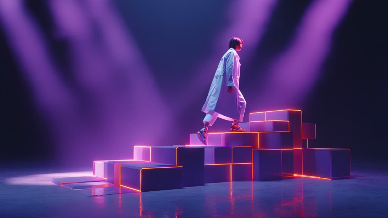 A woman walking on neon stairs