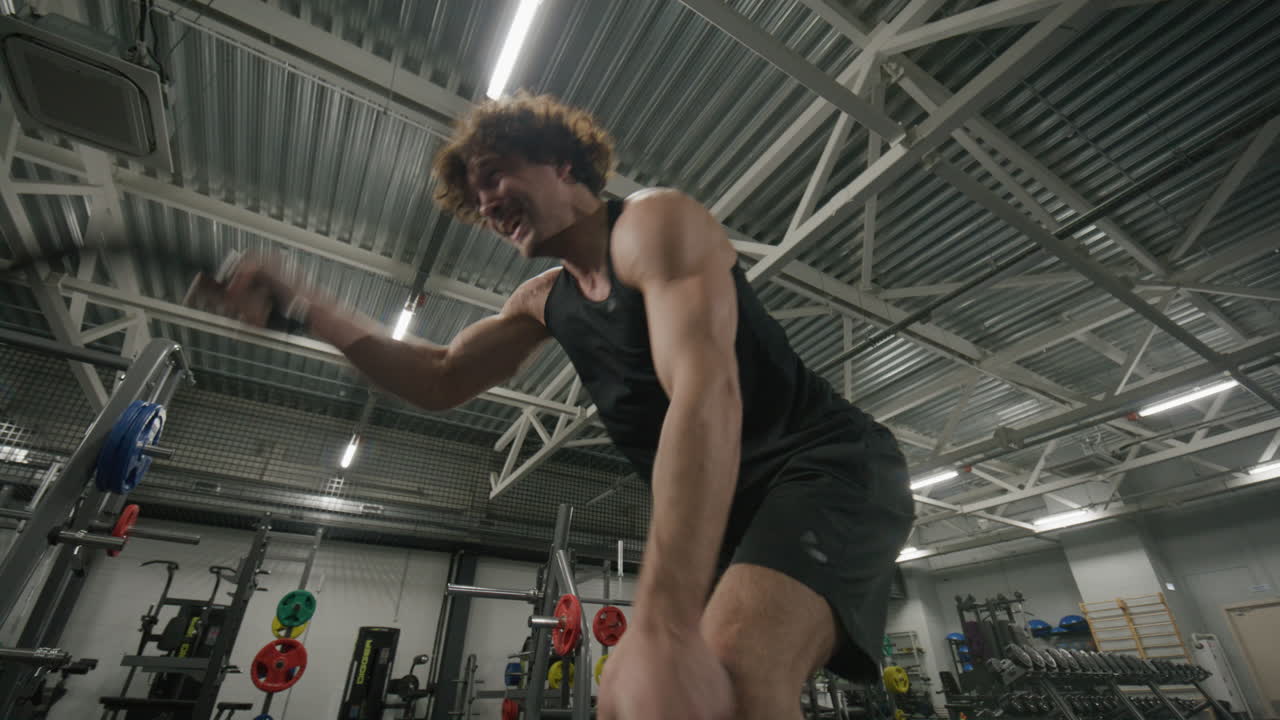 Strong Man Doing Intense Battle Rope Training in Gym