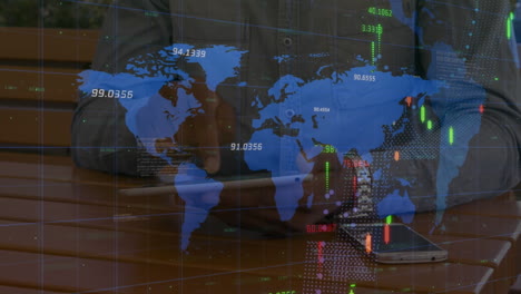 animation of statistics processing and world map over businessman using tablet