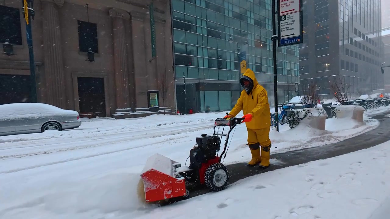 New York, USA, 25 December 2025 : Worker Clearing Snowy Manhattan Sidewalk With Snowblower. Worker in yellow protective clothing clears a Manhattan sidewalk with a snowblower beside snow streets.
