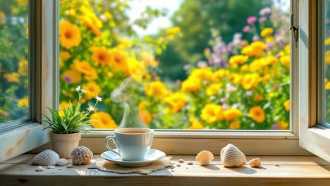 enjoying a peaceful moment with a hot beverage by an open window showcasing a vibrant summer garden