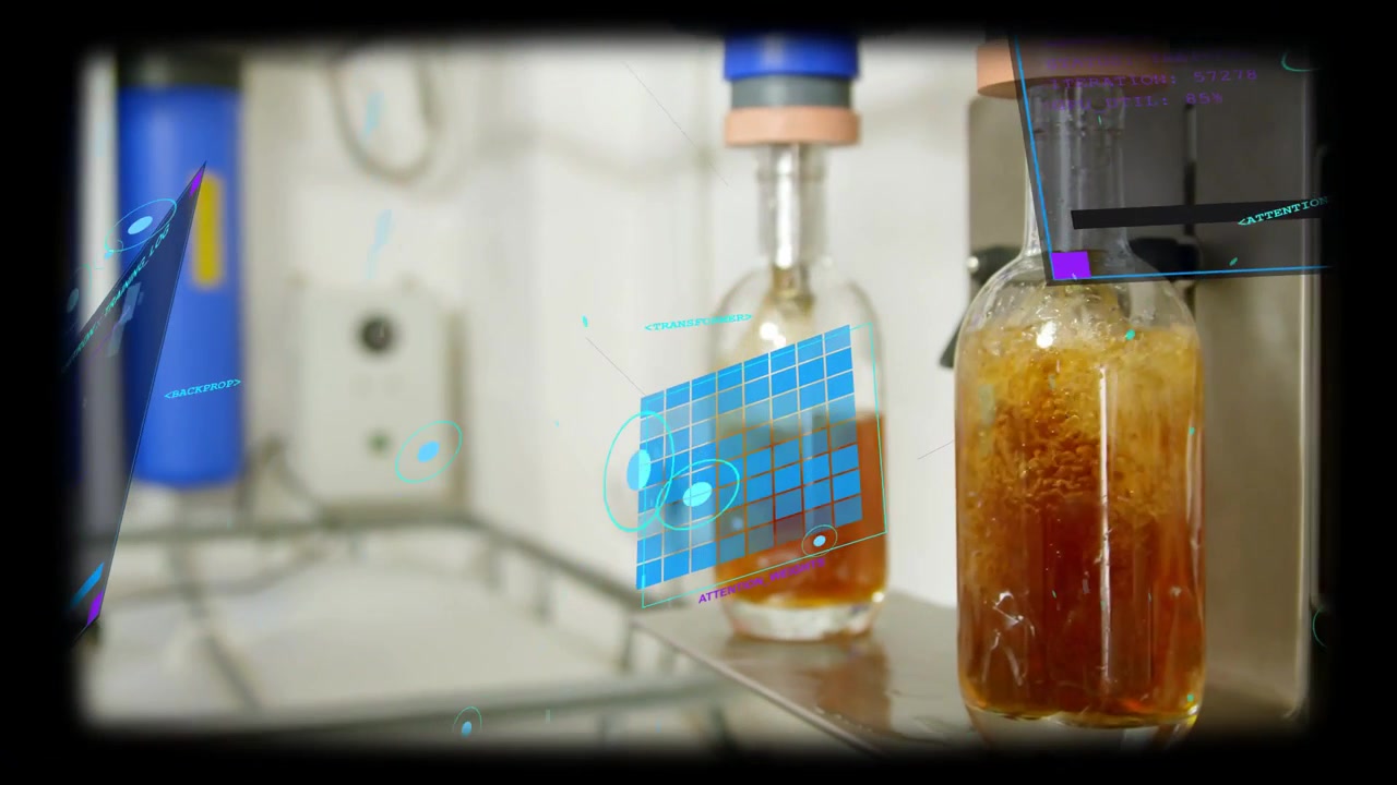 Gloved hand placing bottle under nozzle, pouring amber liquid, swirling HUD moving for lab prep