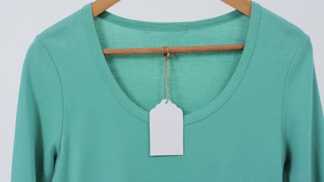 video of green t shirt with tag on hanger and copy space on white background