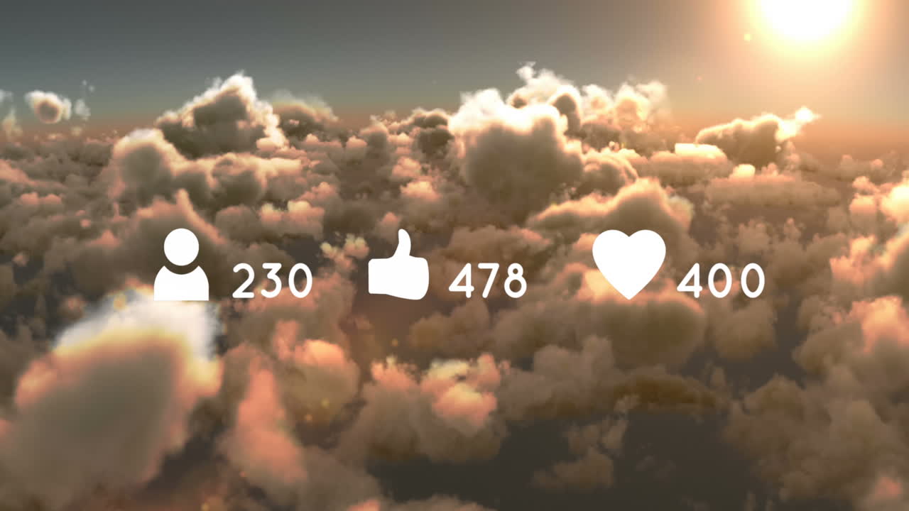 Animazione di icone dei social media con numeri su nuvole