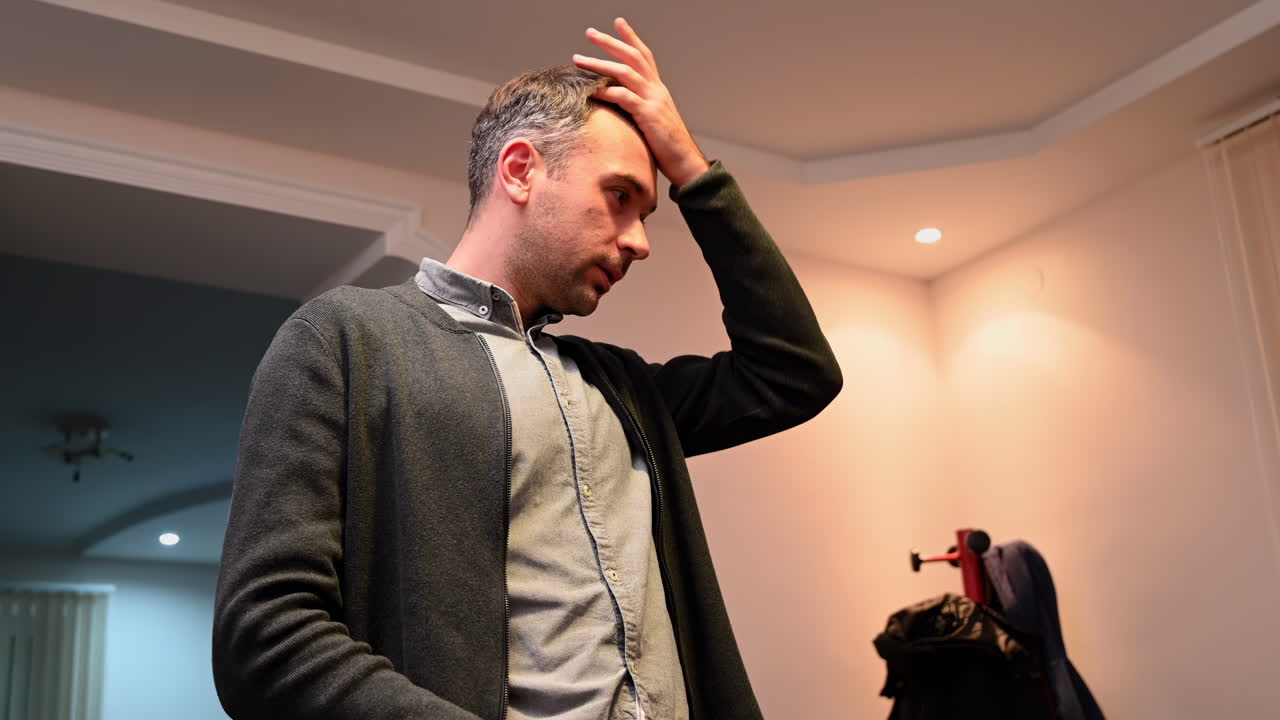 Man in a grey shirt and cardigan talking and gesturing