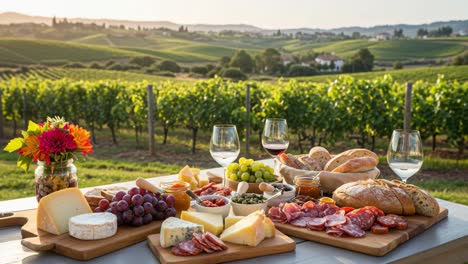 a delightful autumn picnic spread: a bounty of cheeses, charcuterie, and fresh fruits amidst scenic vineyard views in a golden sunset