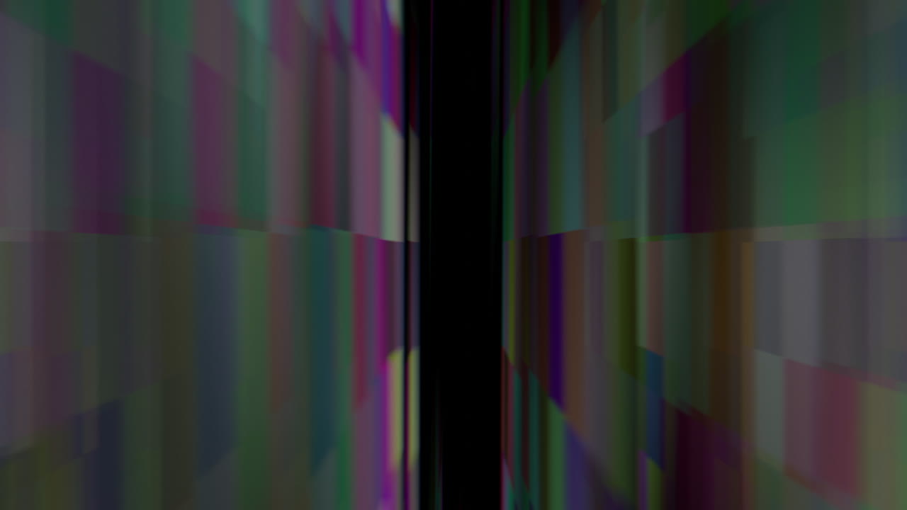 Moving forward across narrow corridor between multicolored pixels walls toward black background