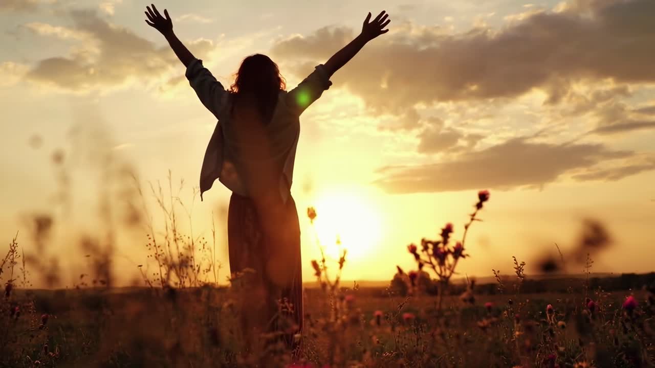 Silueta de una persona con los brazos levantados al atardecer, capturada desde un ángulo bajo.