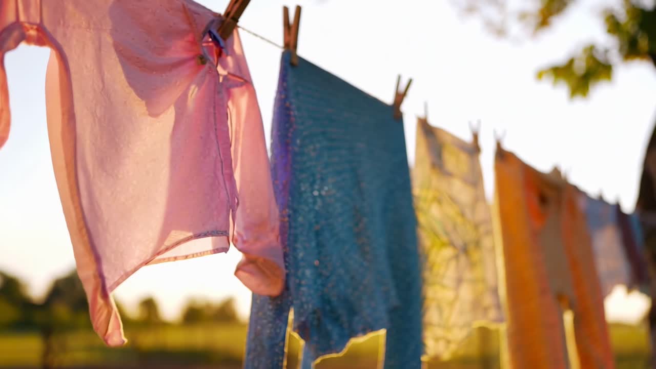 低いアングルから撮影された、カラフルな服がロープにかけられた暖かい夕日の動画