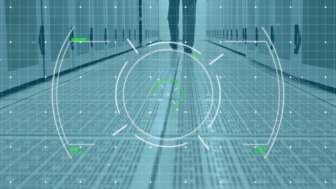 데이터 센터에서 걸어다니는 사람을 대상으로 한 애니메이션, 기술에 초점을 맞추고