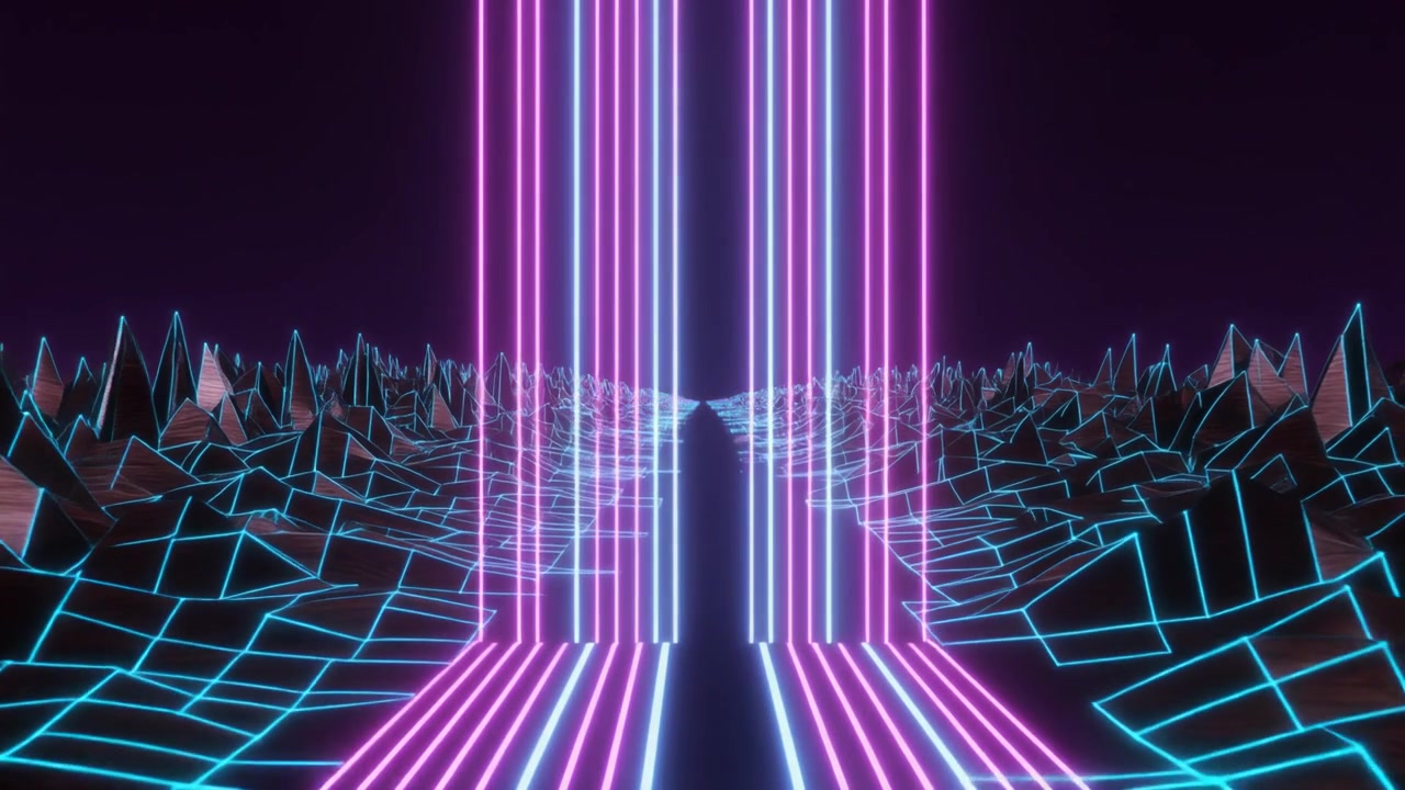 Paesaggio digitale retro synthwave con fasci di luce verticali al neon luminosi