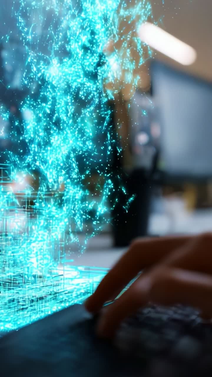 A mesmerizing display of digital energy emanating from a keyboard, showcasing the fusion of technology and creativity in a modern workspace environment