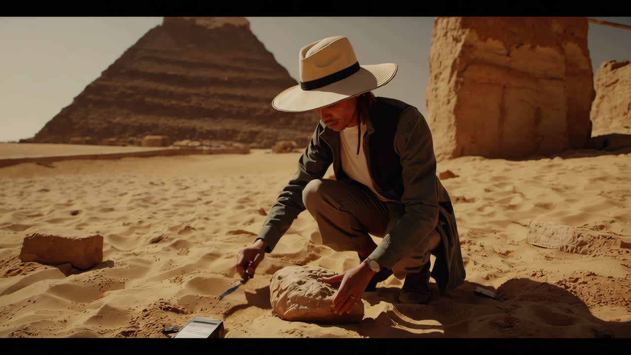 Archaeologist Excavating Near Pyramids