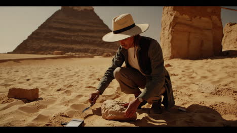 archaeologist excavating near pyramids