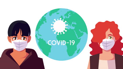 couple using face masks for covid19 with earth planet