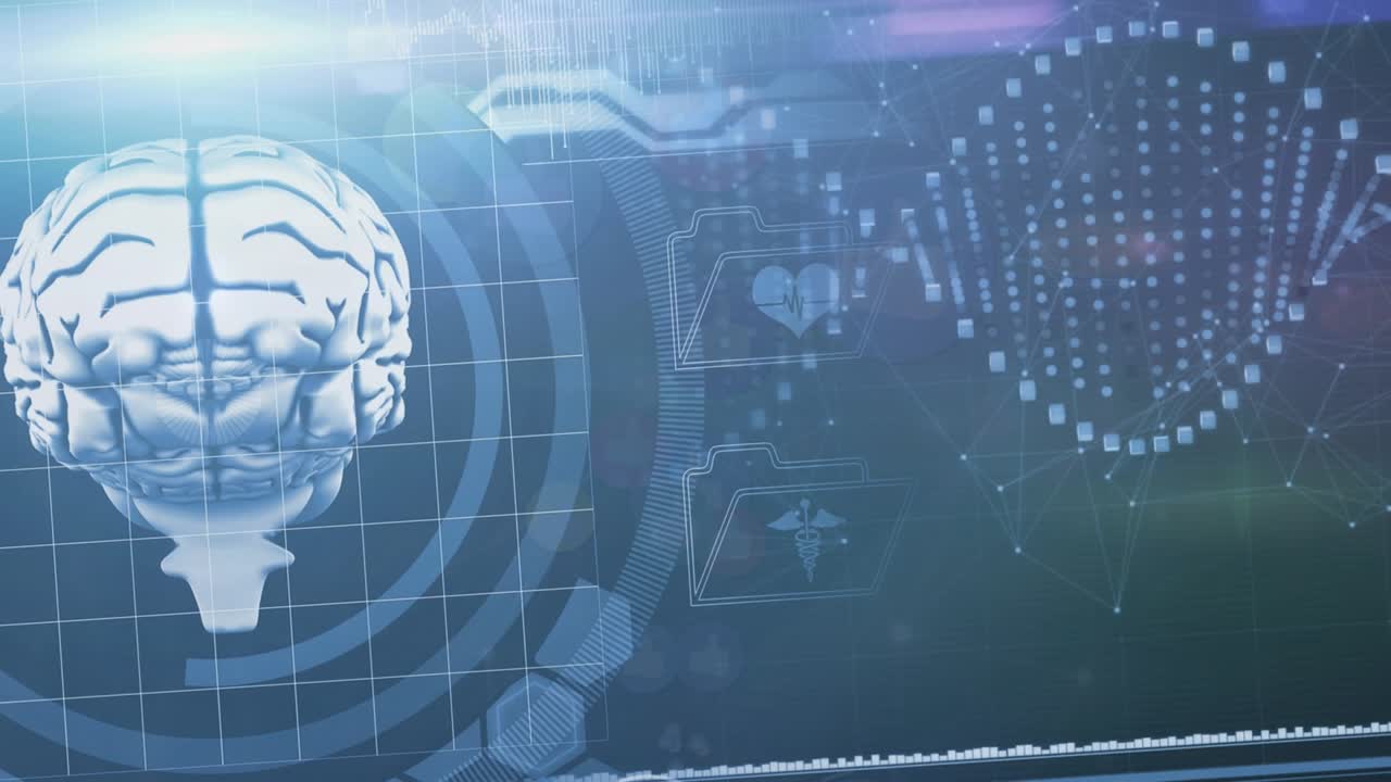 Animation of media icons over caucasian man using smartwatch