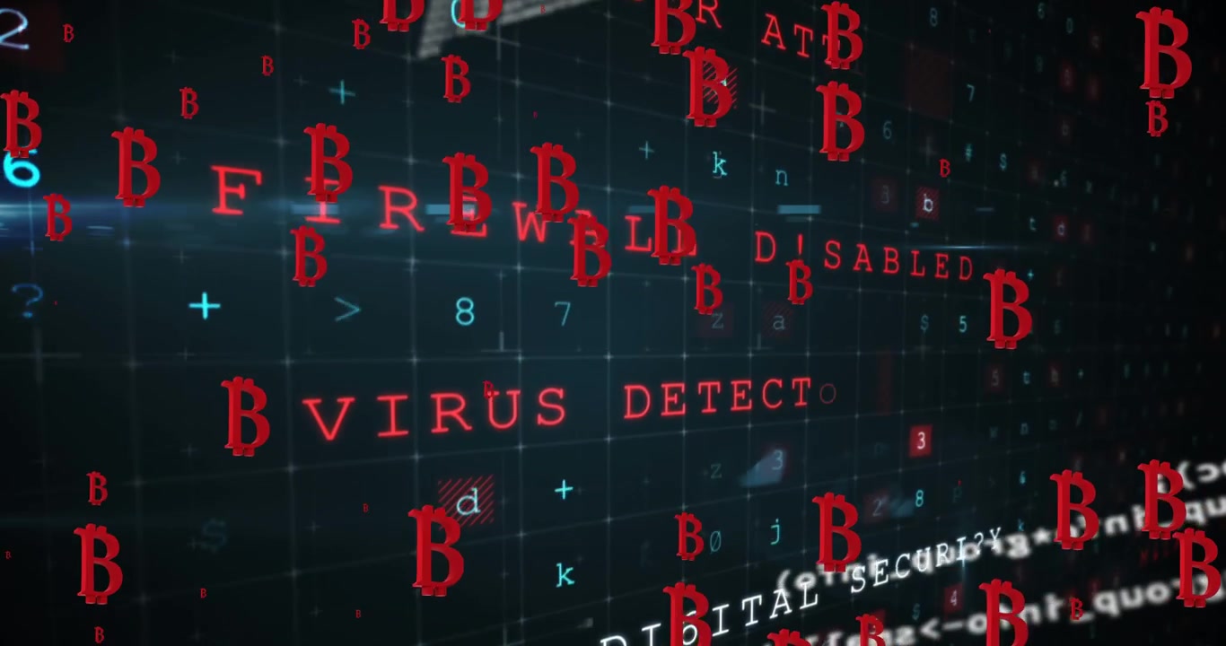 Digital animation of multiple bitcoin symbols over cyber security data processing on blue background