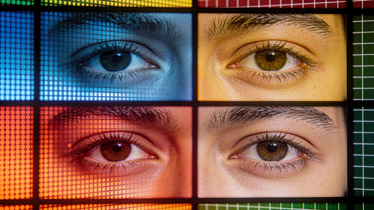Pulling back camera, four-panel screen showing brown eyes with pixel overlays, revealing test-grid