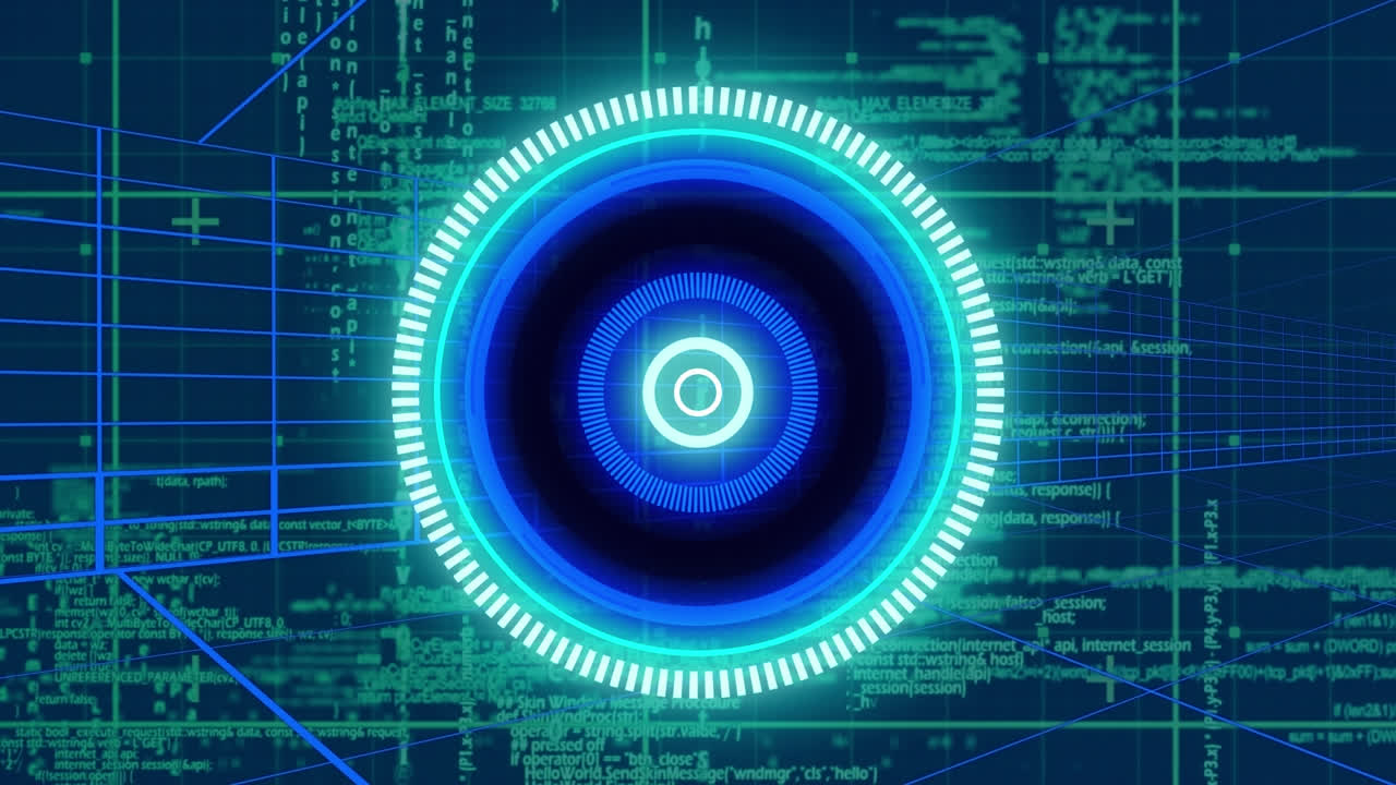 Animation of neon round scanner and data processing against tunnel in seamless pattern