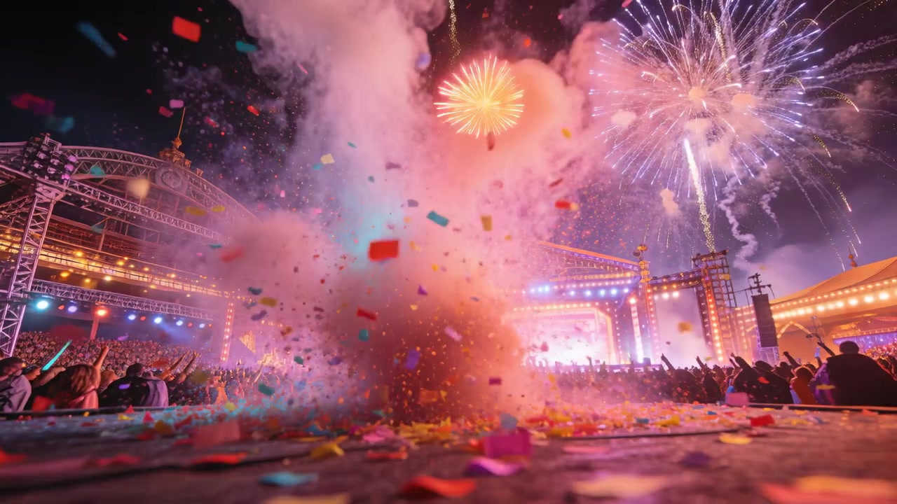 Erupting confetti and smoke plume from cannon rising over night stage with fireworks marking party