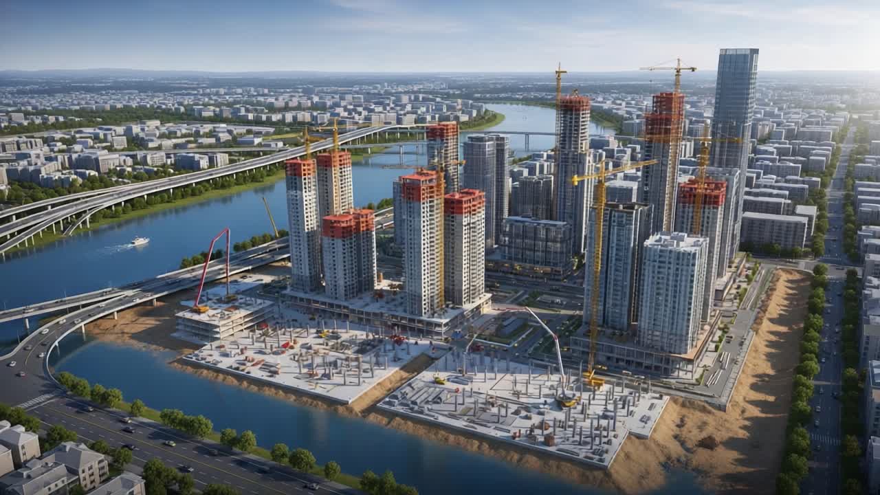 Aerial view of a large urban construction site with multiple high-rise buildings and cranes by a river