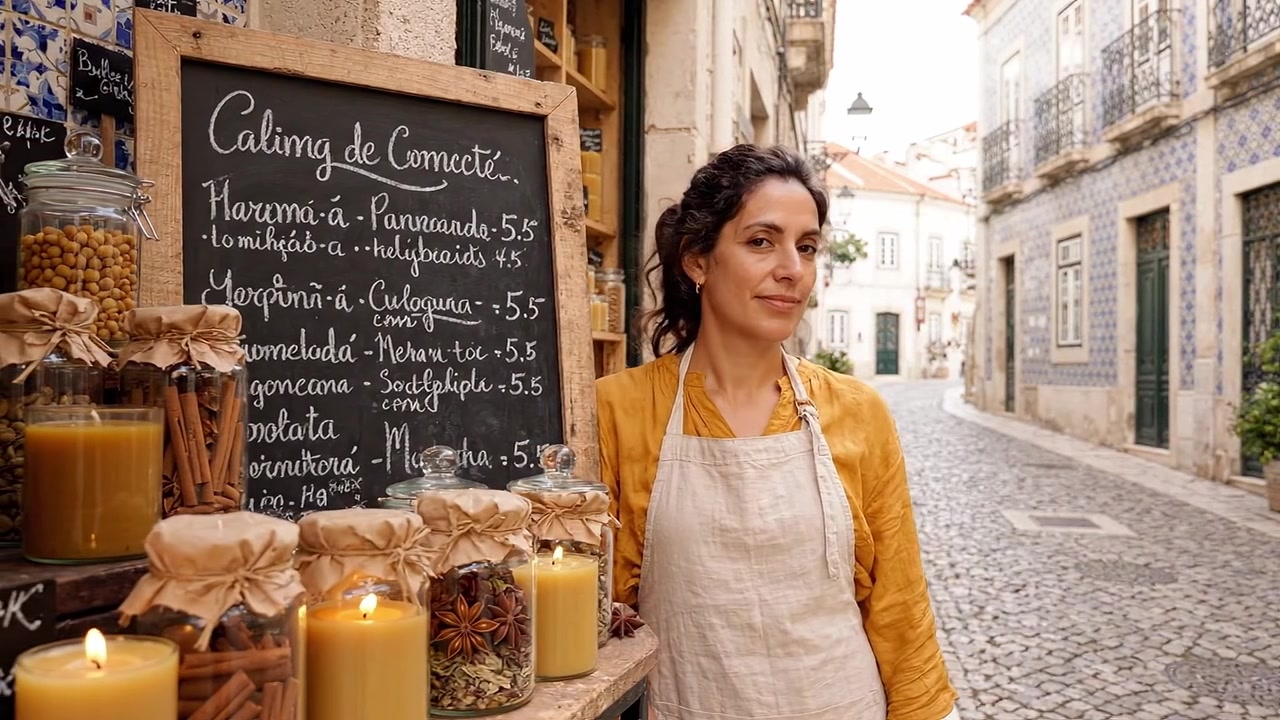Incantevole vetrina artigianale con una donna che sta orgogliosamente dietro un'esposizione di prodotti artigianali, esponendo prodotti locali e una pittoresca vista sulla strada in un quartiere caratteristico.