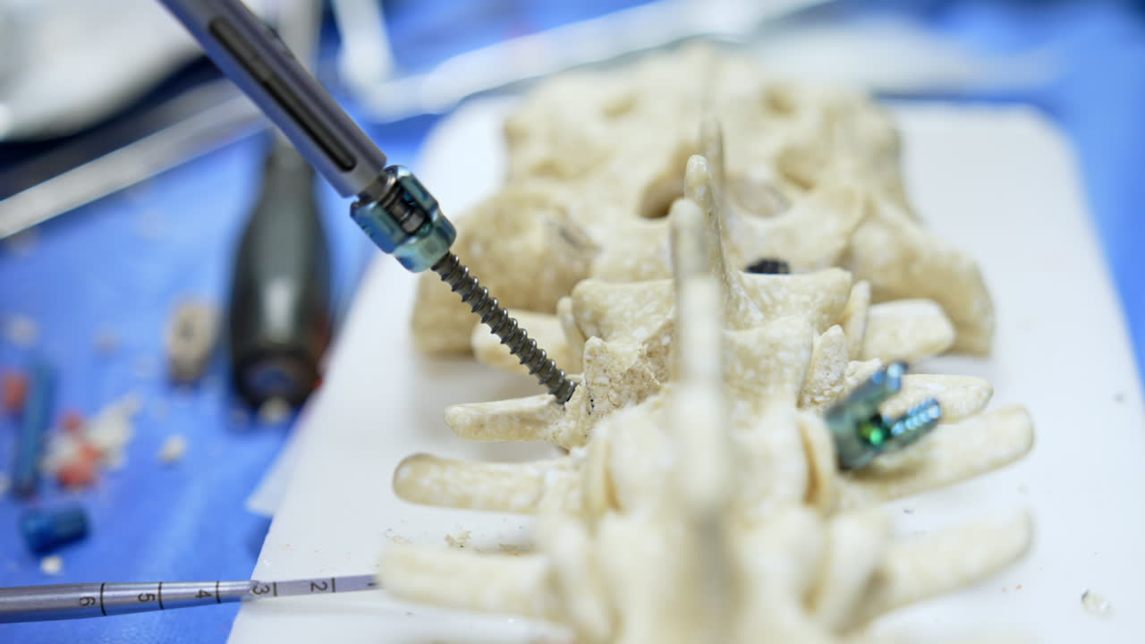 Screw driver tool is extracted from a model of spine. Close up. Teaching neurosurgery in practice.