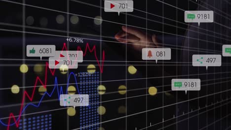 animación de gráficos y barras de notificación sobre la sección media de una mujer caucásica usando una tableta digital