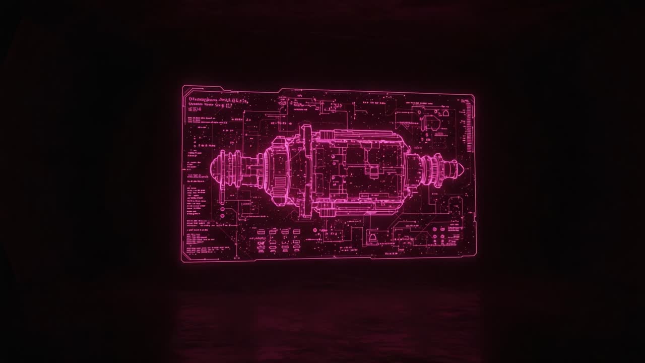 An Intricate Neon Blueprint Displaying Advanced Technological Circuitry and Mechanics in a Darkened Environment, Showcasing Details of a Key Engine Component